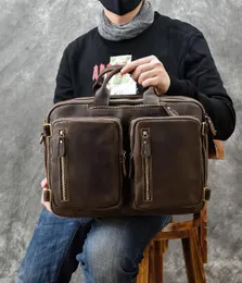 Briefzüge Herren verrückter Pferde Leder Aktentasche mit Doppel -PC -Tasche Echtes Leder Laotop Handtasche Leder Business Bag 2 Verwenden Sie Umhängetasche