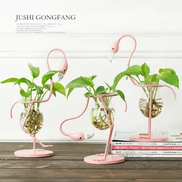 3 Types Pink Flamingo Shape Glass Tabletop Plant Bonsai Flower Wedding Christmas Decorative Metal Vase Home Decoration Accessory 231225