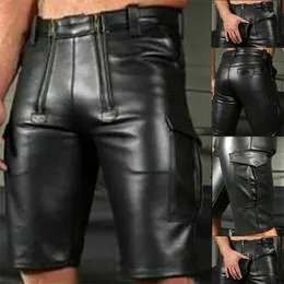 2023 Men's Large Pocket PU Leather Lederhosen Punk Slim Double Zipper Decorated Black Shorts 231225