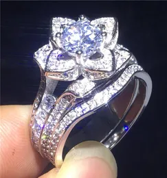 Conjuntos de anéis de flores 2 em 1 feitos à mão, prata esterlina 925, diamante, noivado, aliança de casamento, para mulheres, joias de festa, presente 9872335