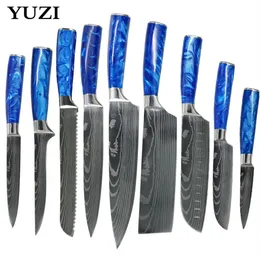 Set di coltelli da cucina Manico in resina blu Chef LNIFE Laser EAMASCUS Modello Mannaia Santoku in acciaio inossidabile giapponese Strumenti per affettare223M