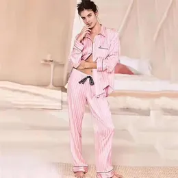 Clothing Fashion Stylish Summer Pajama Set Women Long Sleeve Striped Sleepwear Pyjamas Spring Satin Silk Lounge Wear Pj Pjamas Homewear 210