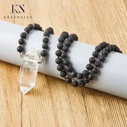 Ожерелья с подвесками, классическое ожерелье Мала, черные бусины из лавы, исцеляющие белые кристаллы, кварцевые точки, ювелирные изделия для медитативного духа, подарки для йоги