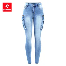 2237 Youaxon clássico vários bolsos jeans feminino ultra elástico denim calças de carga calças jeans para mulher 231226