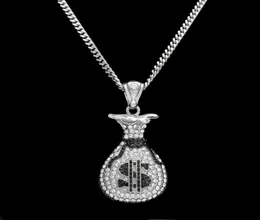 Hip Hop Gold Silver Cash Money Bag Wisiant dla mężczyzn Kobiety Bling Crystal Dollar Charm Naszyjnik z kubańską biżuterią 1824239