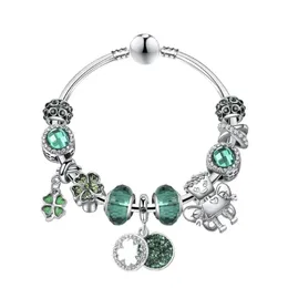 Bracelets Fashion 925 Sterling Silver Murano Lampwork 유리 꽃 요정 유럽 매력 구슬 녹색 Crystal Four Leave Clover Dangle Fits