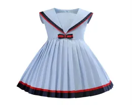 Girl Sailor Collar Blue Dress Navy Collar Short Sleeve Elegant Pleated Princess Dress Kids Designer Clothing Dress2605282F4982656