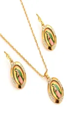 1 Madre Vergine Maria Collana Orecchini Pendenti Set 14 K Fine Solid Gold GF CZ Set di gioielli religiosi cattolici in cristallo Gift2479942