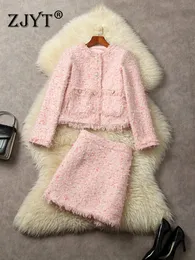 ZJYT Winter Dress Sets 2 Piece for Women Pink Party Outfit Single Breasted Tweed Woolen Jacket Skirt Suit Elegant Lady 231225