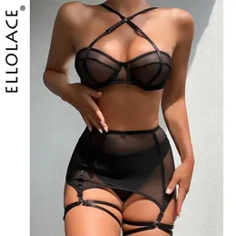 Set Sexy Set Ellolace Sensuele Lingere Exotische Bandage Kousenband Met Kousen Transparante Bh Intieme Harde Vrouw 3 Stuk Zwart Fancy Unde