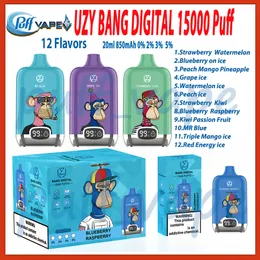 오리지널 Uzy Bang 디지털 15000 퍼프 일회용 vape 펜 0% 2% 3% 5% 레벨 20ml 사전 850mAh 충전식 배터리 12 맛 ECHATETTE 퍼프 15K