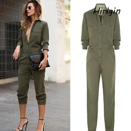 Artırıcılar Kadın Tulumları Sarsıntılar Serin Kızın Uzun Safari Kollu Ordusu Yeşil Katı Katı Bodysuit Bayanlar Vintage Romper Moda Mujer Ju