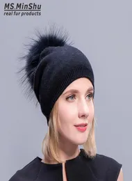 Cashmere Hats For Women Pompom Beanies Fur Hat Female Warm Caps With Real Raccoon Fur Pompom Bobble Hat Adult7860061