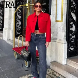 Traf jaqueta cortada mulher escritório usar blazer vermelho para mulheres elegante elegante manga longa em jaquetas moda curta 231225