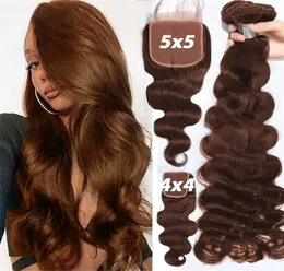 Saç parçaları Çikolata insan saç demetleri kapalı brezilya dantel kapanması vücut dalgası demetleri ile koyu kahverengi remy saçları uzantı7284345