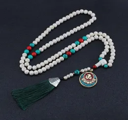 Nova borla de seda oração budista contas de pinho branco colar boho nepal longo camisola corrente vintage pingente tibetano colar étnico7904524