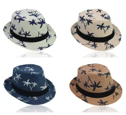 Sombrero para el sol tejido de paja de verano para niños y adultos, gorra de cubo de Jazz Retro con estampado de árbol de coco Tropical, ala corta y rizada, Wide6842181