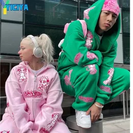 Yiciya pembe y2k baskı hip-hop pantolon setleri ve hoodies pantolon takım elbise kapüşonlu eşofmanlar takım elbise iki parçalı setler kıyafetler 231226