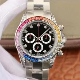 Gota 40mm relógio masculino movimento mecânico automático relógios de borracha aço arco-íris diamante moldura safira à prova dwaterproof água wr255s