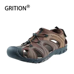 Sandals Grion Men Sapatos Summer Summer Lightweight Close Toe Sandals de praia plana Couro Quickdrying Trekking Casual Shoes Outdoor Big Size 46