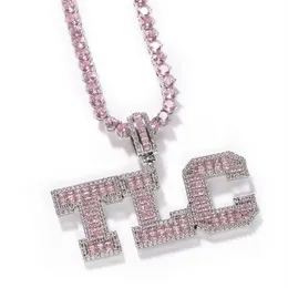 Pingente de colar com letras sólidas rosa baguete, nome personalizado com corrente de tênis, joalheiro personalizado 344h