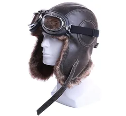 Vinterbomberhattar Plush Earfap Russian Ushanka med Goggles Men Women039S Trapper Aviator Pilot Hat Faux Leather Päls snö cap7340955