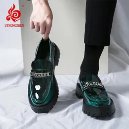 STRONGSHEN Männer Leder Casual Handgemachte Schuhe Plattform Loafers Slipon Hohe Qualität Grün Dicken Boden Oxford Hochzeit 231226