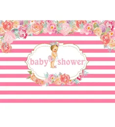 Cenário de chá de bebê listrado rosa e branco, flores impressas, adereços para recém-nascidos, pequena princesa, aniversário real, fundo 8581927
