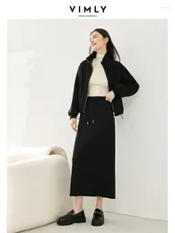 Abiti da lavoro Vimly Nero Gonna casual Set Risvolto con cerniera Cappotto a maniche lunghe Dritto Split Maxi 2023 Inverno Set da 2 pezzi Vestito da donna M3930