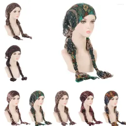 Ropa étnica Mujeres Musulmanas Hijab Hojas Flor Impresión Sombrero Turbante Tapa Cubierta Bufanda Envoltura Trenzas Preatadas Cola Larga Headwear Estiramiento Bandana