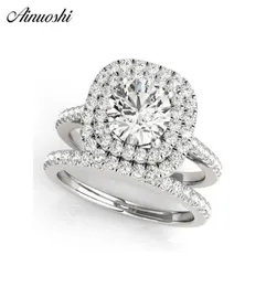 Ainuoshi 925 prata esterlina feminino conjuntos de anel de noivado de casamento duplo halo 1ct corte redondo anéis de casamento conjuntos anillos de plata y20014165542