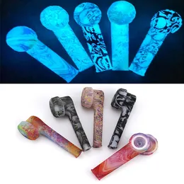 Tubo de mão de silicone com padrão luminoso colorido de 3,5 polegadas no escuro Material FDA brilhante com tigela de vidro Tabaco Seco Erva Queimador de óleo Tubo de água Bongs