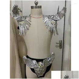 Stage Wear Y Bar Sier Paillettes Wing Epaet Shoder Ornamenti Cristalli Pantaloncini Outfit Mens Dancer Gogo Costume Accessori Drop Delivery Dhlwj