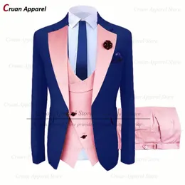 Suits (20 Colors) Latest Navy Blue Pink Mens Wedding Suits Set Slim Fit Groomsmen Groom Tuxedo Stylish Formal Jacket Vest Pants 3Pcs