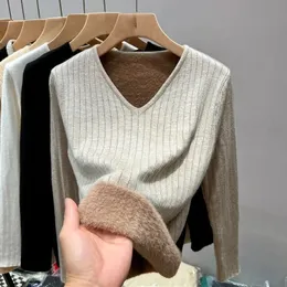 الشتاء V-neck بالإضافة إلى الملابس الداخلية الحرارية المخملية أعلى نساء قميص قاع منخفض الثمينة السترة الداخلية دافئة مرنة الداخلية السترة 231226