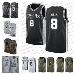 Özel Erkek Kadınlar Gençlik San Antonio''Spurs''''6 Sean Elliott 8 Patty Mills Camo Siyah Beyaz Basketbol Gerileme Jersey