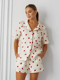 Damen-Nachtwäsche, Hiloc Love Print Baumwollpyjama für Frauen, Muster, kurzärmelig, zweiteiliges Set, Taschenrevers, einreihig, Loungewear 2024