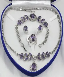 whole pretty Purple crystal Silver Necklace Bracelet Earrings Ring Gemstone Jewelry Sets6799481