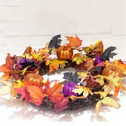 ハロウィーンの装飾カボチャの収穫シルクフォールフロントドアリース17インチ屋外の花輪感謝祭のギフトホームデコアY09012221