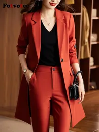 Fotvotee Autumn Winter 2023 Pants Suits for Women Korean Fashion Solid Long Blazer Jacket Casual Pencil Pants 2 Piece Set 231225