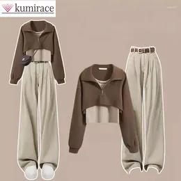 Calças femininas de duas peças outono conjunto feminino estudante versão coreana solto layup camisola cintura alta perna larga três roupas de inverno