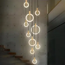 현대식 우드 LED 링 샹들리에 거실 식당을위한 아크릴 링 계단 조명 조명기 계단 계단 3 5 6 7 10 RINGS208P