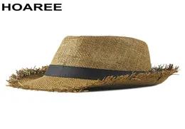 Hoaree Beach Hat Men Summer Panama Cap Casual Trilby Fedora Hat Męska słoma kapelusz UV Ochrona szerokość Brim Sombrero C0305 Y0910346994444442747