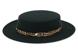 Moda feminina mistura de lã bowler boné torta de porco chapéu jazz chapéu aba larga plana top boater marinheiro leopardo lether belt1322853
