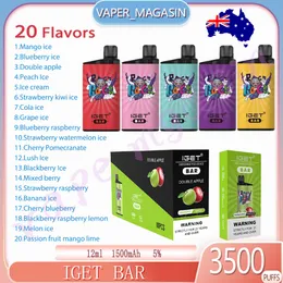 Hot Sale Iget Bar 3500 Puff Disposable E-cigarett 12 ml Förladdad patron 5% Koncentration 3500 Puffs 20 smaker 1500 mAh uppladdningsbar elektronisk cigarett