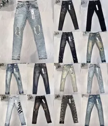 Jeans de grife para calças masculinas jeans roxo Mens Marca Jeans tendências angustiado preto rasgado motociclista Slim Fit motocicleta Mans empilhados jeans homens baggy jeans buraco