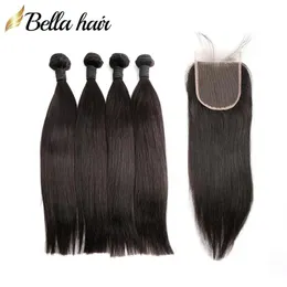 Wefts não processado pacotes de cabelo humano indiano com fechamento de renda 4x4 cor natural em linha reta extensões de cabelo virgem tecer Bellahair Full Hea