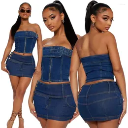 Robes de travail Jeans bleu foncé Mini jupe deux pièces ensemble femmes 2023 été sexy bretelles denim corset top stretch moulante femme club wear