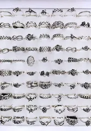 Band Bulk Partie 100pcs Antique Srebrny Silny Multi Style dla kobiet Vintage Ladies Flower Fashion Finger Finger Jewelry 2211253324836