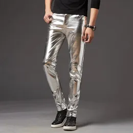 Pantalon en cuir PU pour hommes, brillant, Slim Fit, mode discothèque, fête, danse mince, 231225